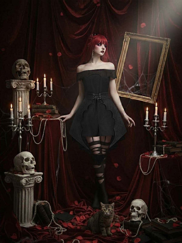 Schwarz 1950er Gothic Schläger Schulterfrei Netz Romper