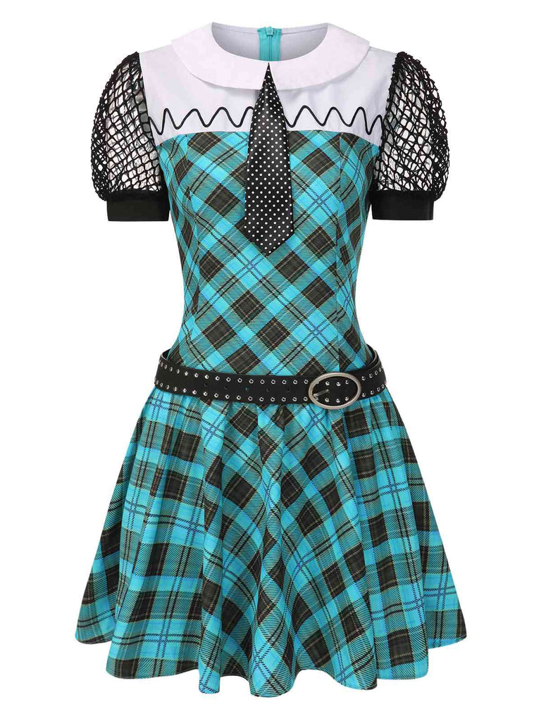 Blau 1970er Plaid Peter Pan Kragen Frankie Stein Kleid