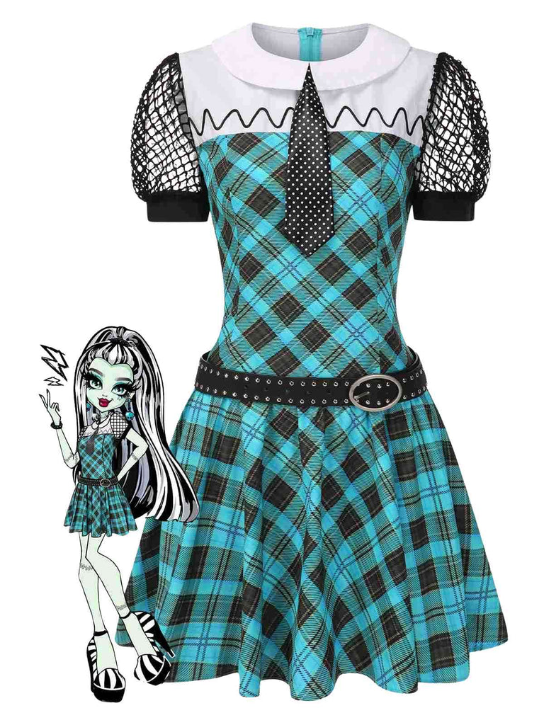 Blau 1970er Plaid Peter Pan Kragen Frankie Stein Kleid
