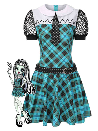 Blau 1970er Plaid Peter Pan Kragen Frankie Stein Kleid