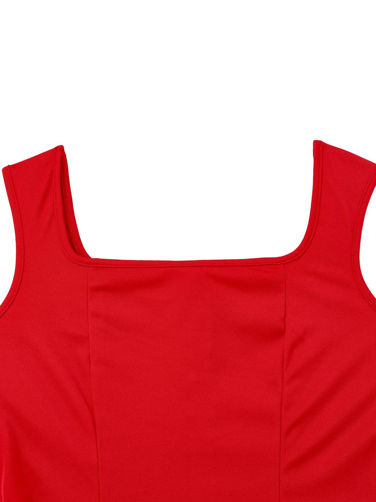 1950er Solide Quadratischer Hals Breiter Gurt Gerüschtes Kleid