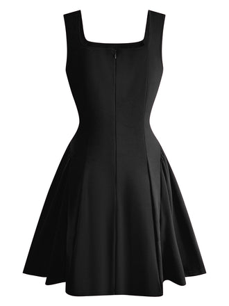 1950er Solide Quadratischer Hals Breiter Gurt Gerüschtes Kleid