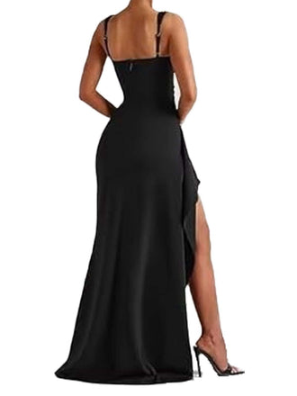 Schwarzes 30er einfarbiges figurbetontes Kleid mit hohem Schlitz und eckigem Ausschnitt