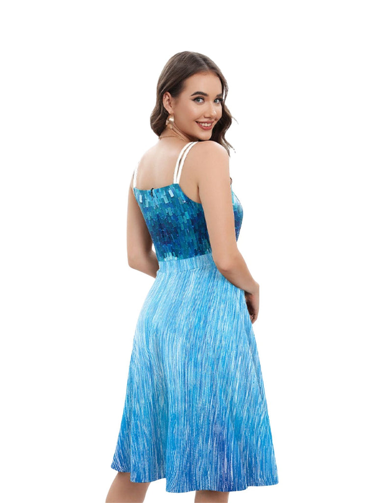 Blau 1950er Elsa Pailletten Schneeflocke Träger Kleid