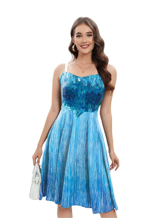 Blau 1950er Elsa Pailletten Schneeflocke Träger Kleid