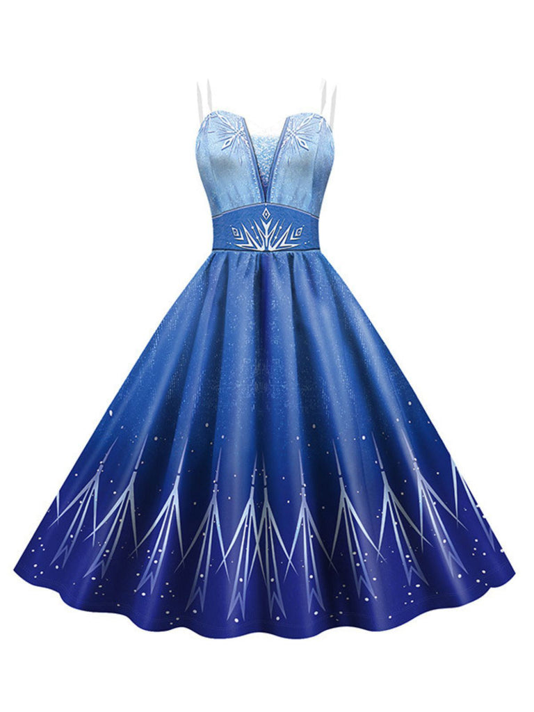 Blau 1950er Elsa Pailletten Schneeflocke Träger Kleid
