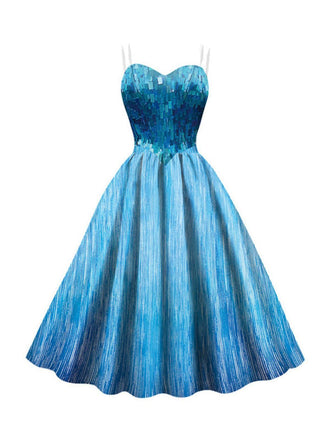 Blau 1950er Elsa Pailletten Schneeflocke Träger Kleid