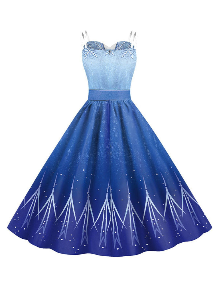 Blau 1950er Elsa Pailletten Schneeflocke Träger Kleid