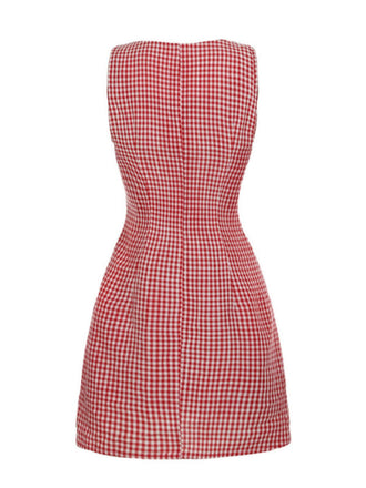 Rot 1960er Gingham Plaid Taste Ärmellos Kleid