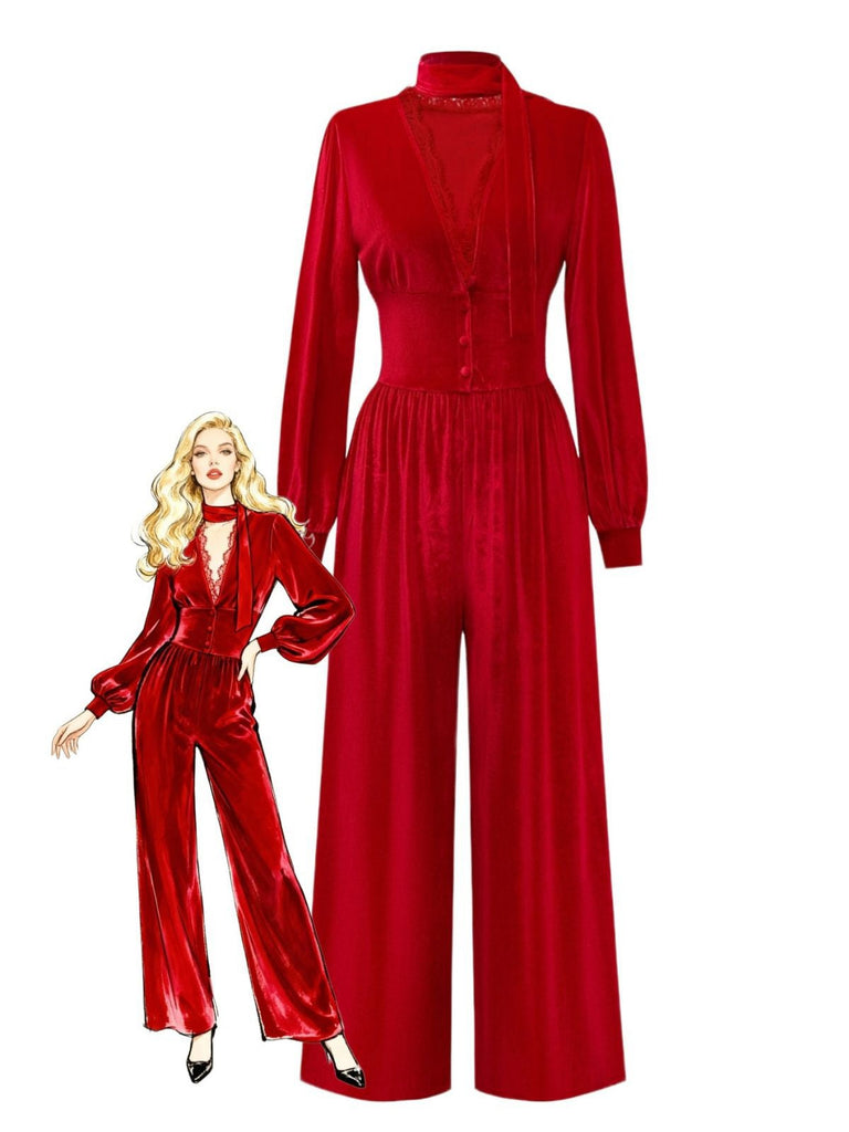 1950er Solide Schlüsselloch Hoher Hals Samt Jumpsuit