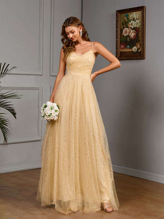 Gold 1930er Hochzeit Pailletten V-Ausschnitt Netz Kleid