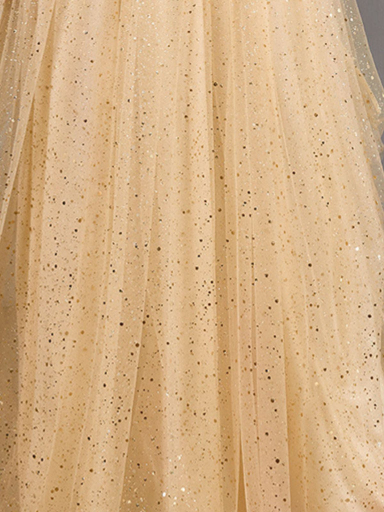 Gold 1930er Hochzeit Pailletten V-Ausschnitt Netz Kleid