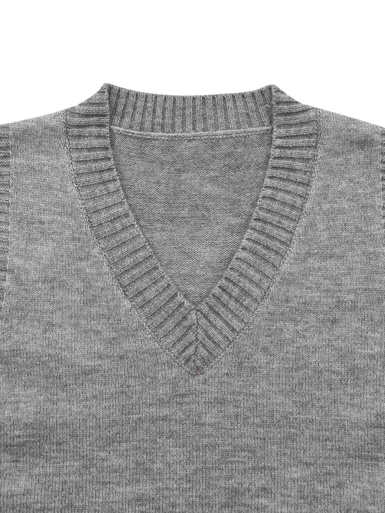 2PCS Grau 1960er Stricken V-Ausschnitt Top & Rock