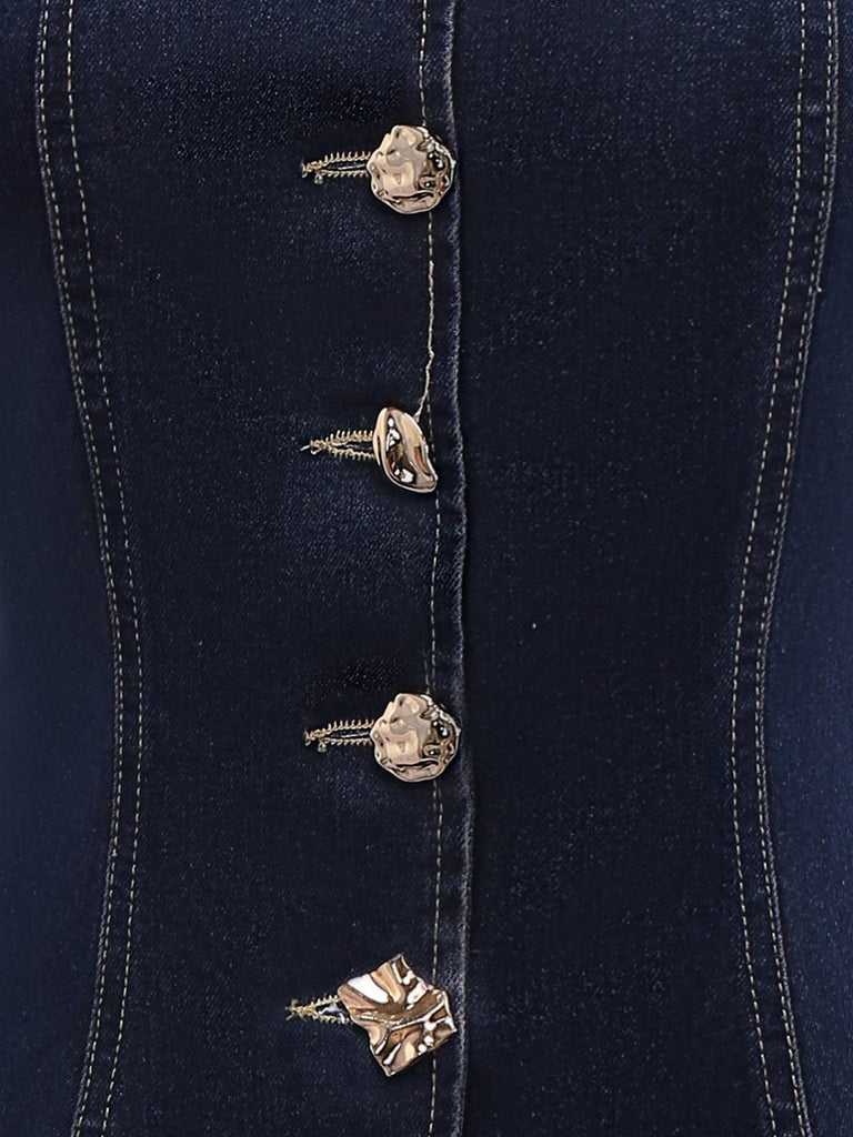 Blau 1950er Quadratischer Hals Tasteed Denim Weste