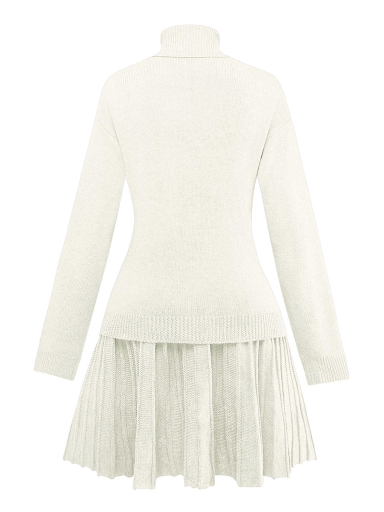 2PCS 1960er Stricken Rollkragen Pullover & Plissiertes Rock