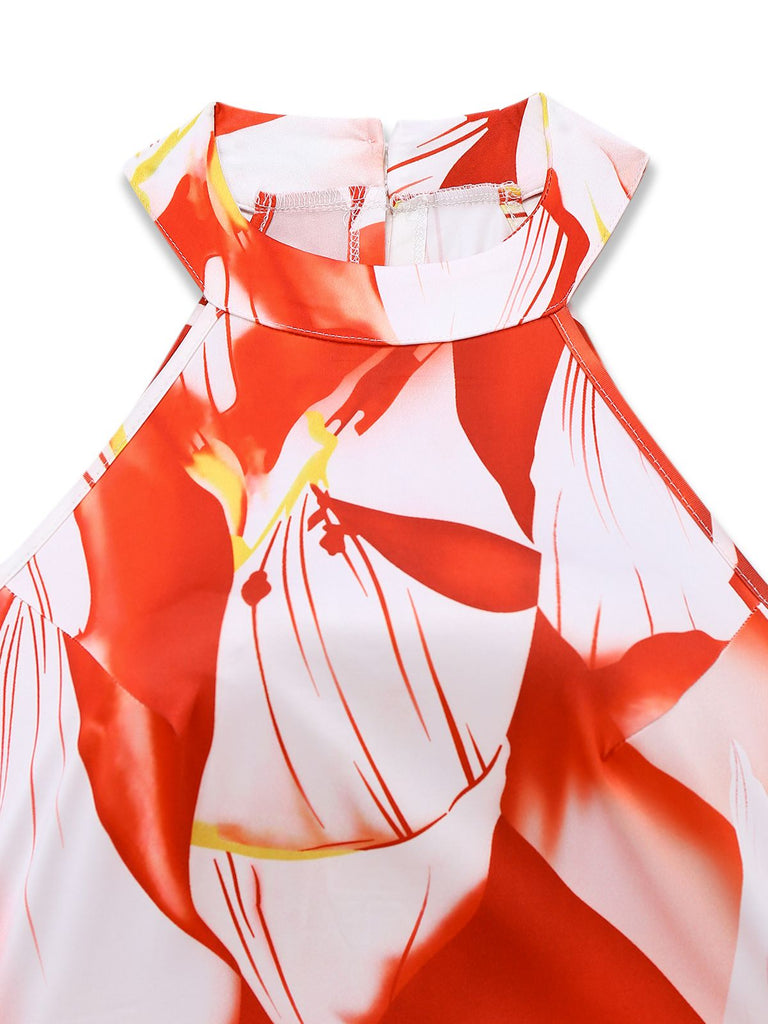 Rot 1930er Abstrakt Drucke Gürtel Ärmelloses Jumpsuit