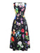 Schwarz 1930er Quadratischer Hals Blumen Maxi Kleid
