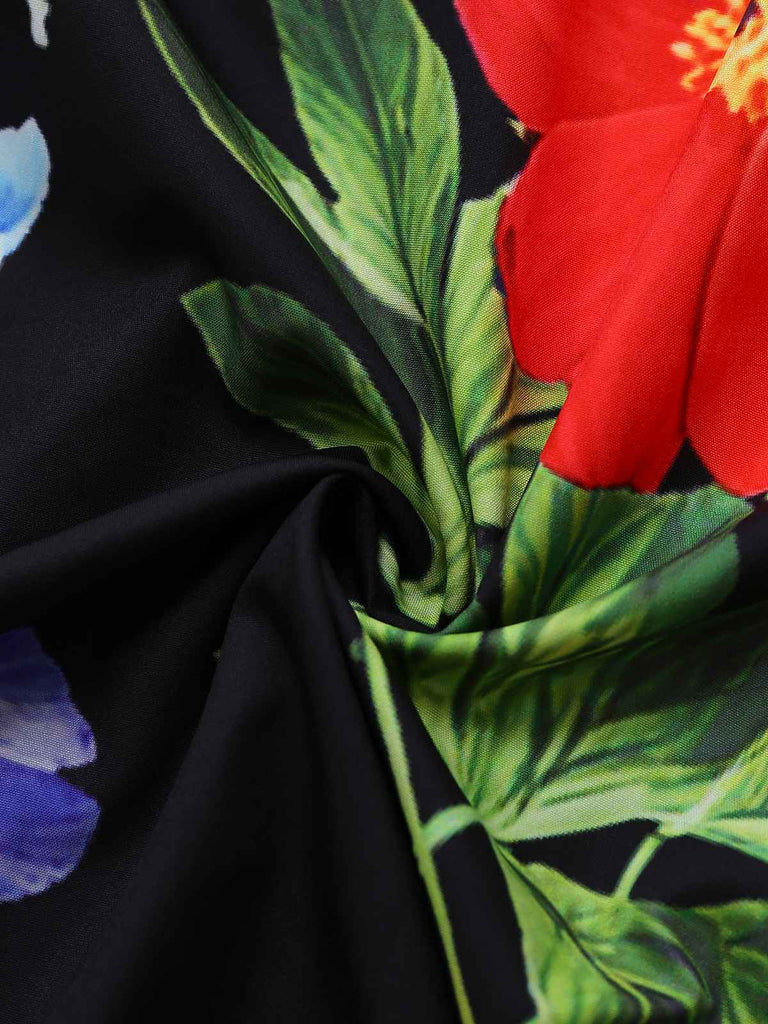 Schwarz 1930er Quadratischer Hals Blumen Maxi Kleid