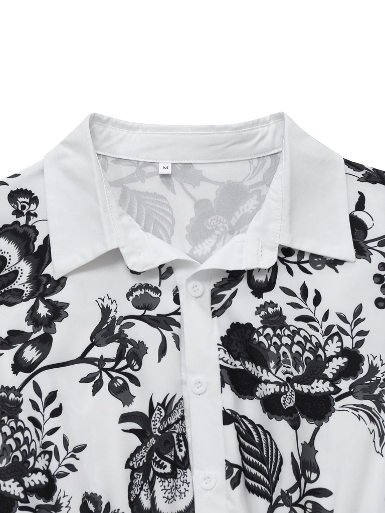 Schwarz 1940er Pflanzen Blumen Hemdkragen Gürtel Kleid