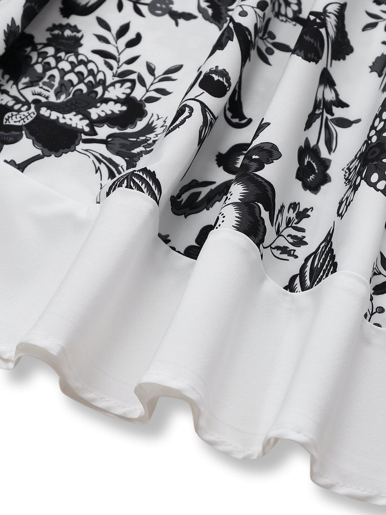 Schwarz 1940er Pflanzen Blumen Hemdkragen Gürtel Kleid