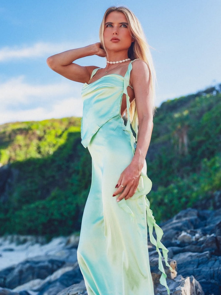 1970er Solide Satin Rüschen Rückenfrei Gerüschtes Kleid