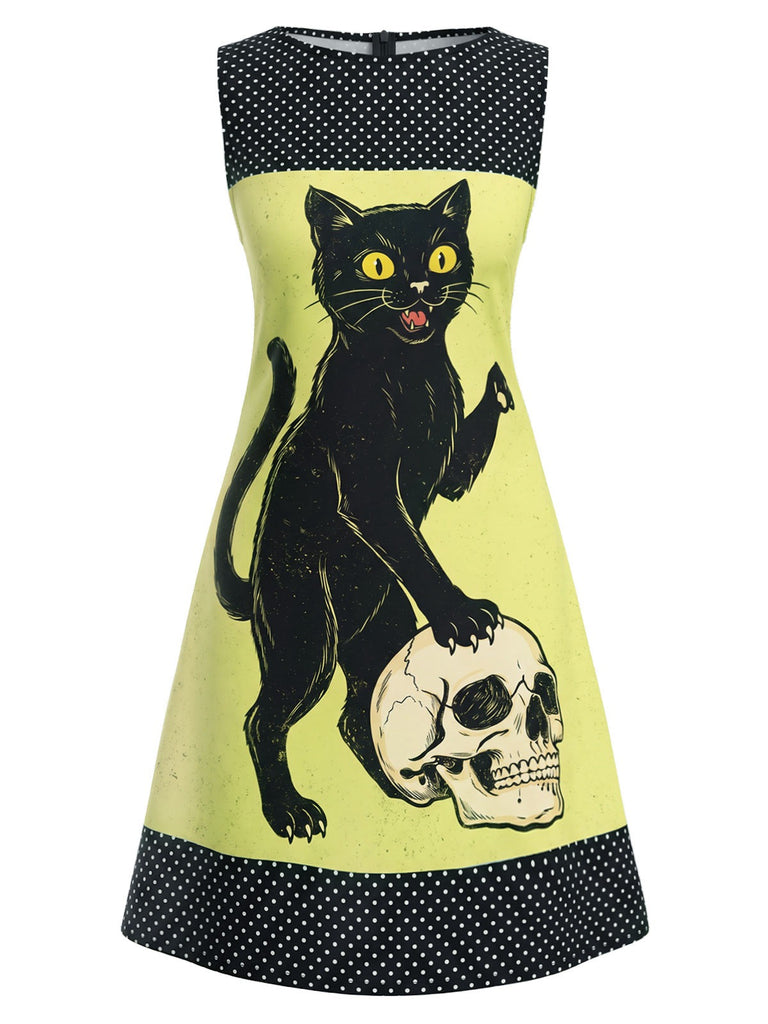 Gelbes 60er A-Linien-Kleid mit Katze und Totenkopf