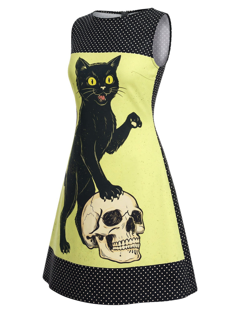 Gelbes 60er A-Linien-Kleid mit Katze und Totenkopf