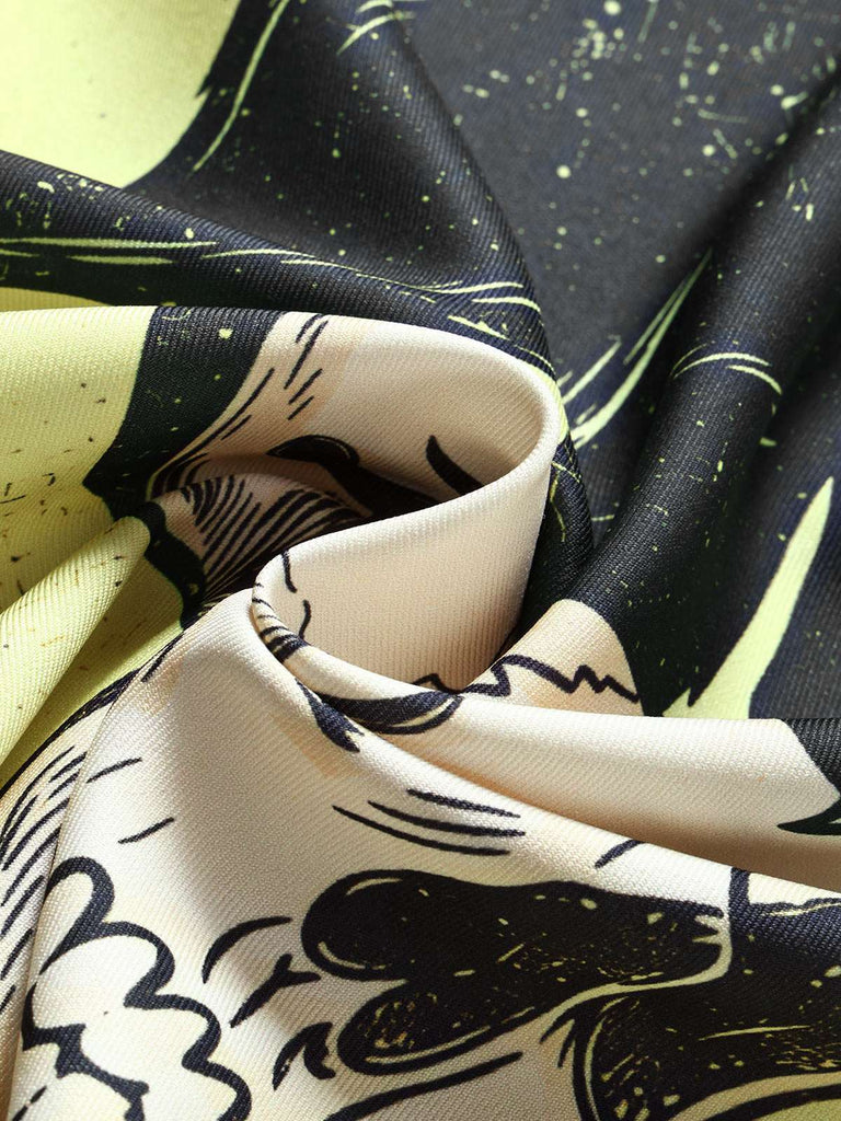 Gelbes 60er A-Linien-Kleid mit Katze und Totenkopf