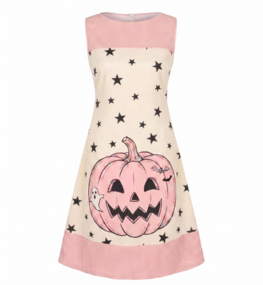 Rosa 60er Ärmelloses Kleid mit Stern und Kürbis