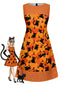 [Vorverkauf] Oranges 60er A-Linien-Kleid mit Katzen- und Kürbis-Print