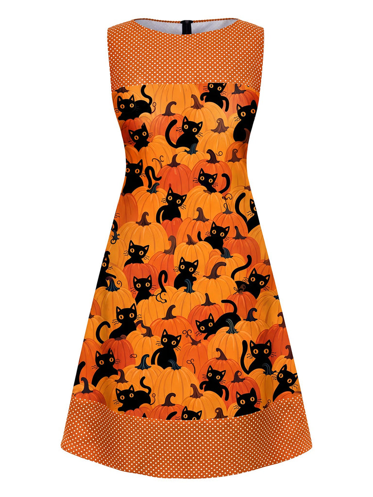 Oranges 60er A-Linien-Kleid mit Katzen- und Kürbis-Print