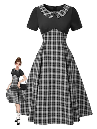 Schwarz 1950er Revers Plissiertes Plaid Patchwork Kleid