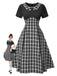 Schwarz 1950er Revers Plissiertes Plaid Patchwork Kleid
