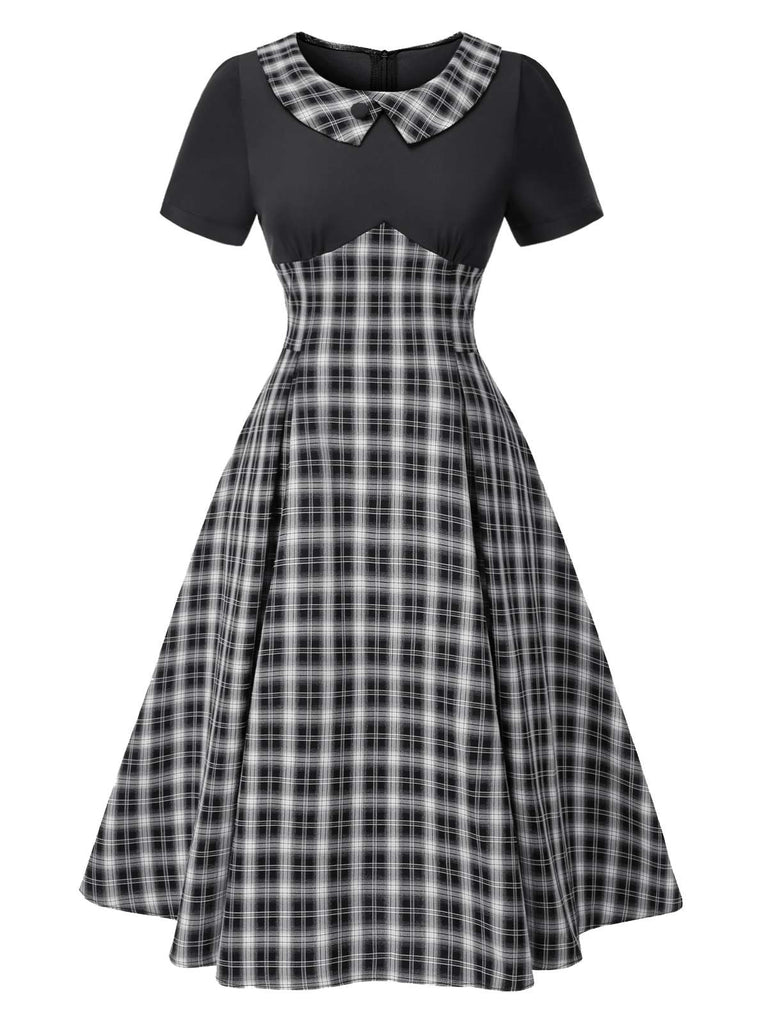Schwarz 1950er Revers Plissiertes Plaid Patchwork Kleid