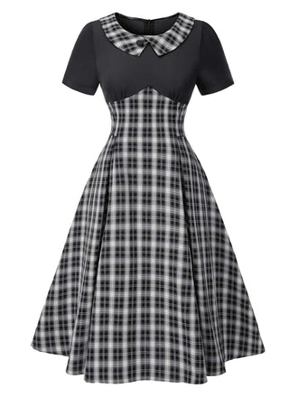 Schwarz 1950er Revers Plissiertes Plaid Patchwork Kleid