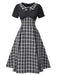 Schwarz 1950er Revers Plissiertes Plaid Patchwork Kleid