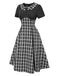 Schwarz 1950er Revers Plissiertes Plaid Patchwork Kleid