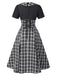 Schwarz 1950er Revers Plissiertes Plaid Patchwork Kleid