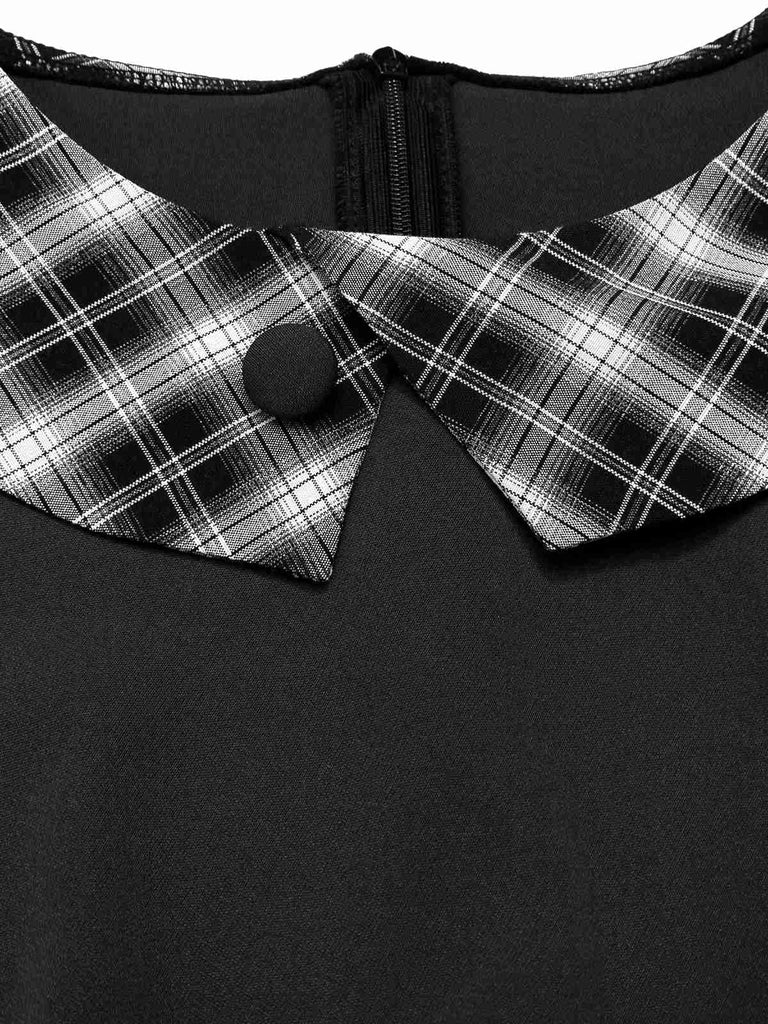Schwarz 1950er Revers Plissiertes Plaid Patchwork Kleid