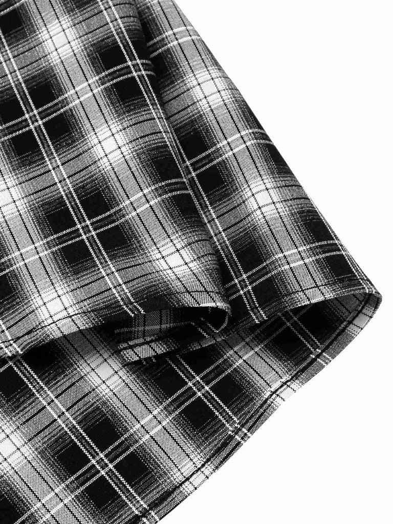 Schwarz 1950er Revers Plissiertes Plaid Patchwork Kleid