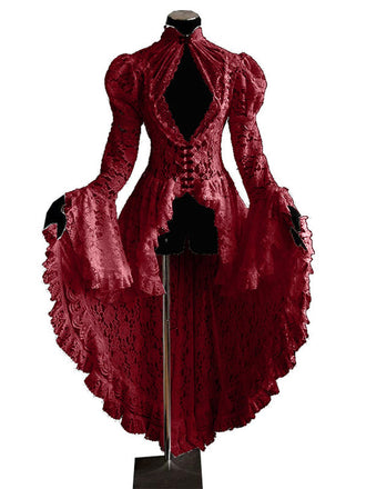 Rot 1980er Gigot-Ärmel Viktorianisch Spitze Kleid