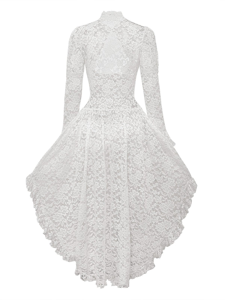 Weiß 1980er Gigot-Ärmel Viktorianisch Spitze Kleid