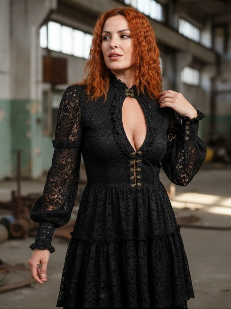 Schwarz 1980er Gigot-Ärmel Viktorianisch Spitze Kleid