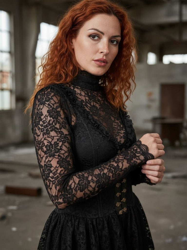 Schwarz 1980er Gigot-Ärmel Viktorianisch Spitze Kleid