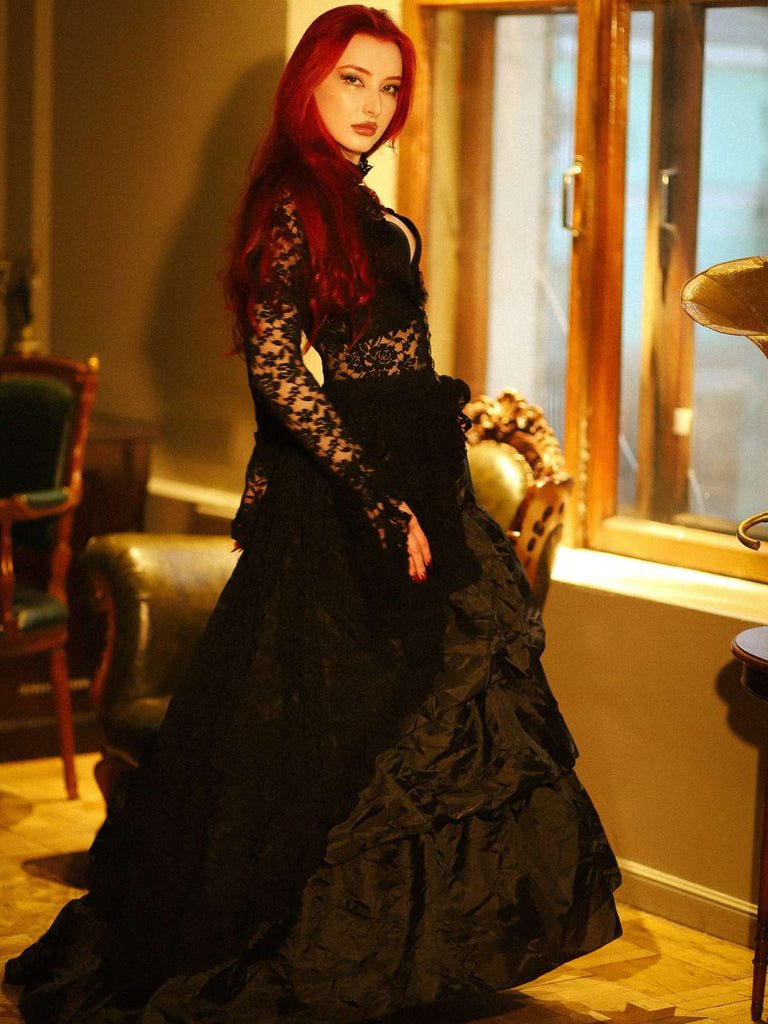 Schwarz 1980er Gigot-Ärmel Viktorianisch Spitze Kleid
