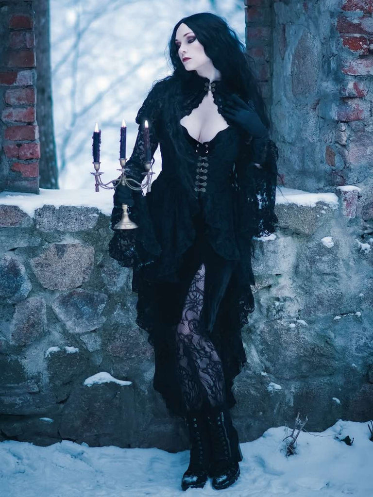 Schwarz 1980er Gigot-Ärmel Viktorianisch Spitze Kleid