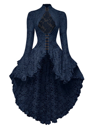 Dunkelblaues 80er viktorianisches Spitzenkleid mit Keulenärmeln