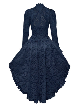 Dunkelblaues 80er viktorianisches Spitzenkleid mit Keulenärmeln