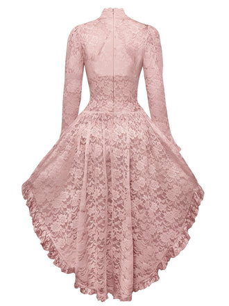 [Vorverkauf] Rosa 80er Spitzenkleid im viktorianischen Stil mit Trompetenärmeln