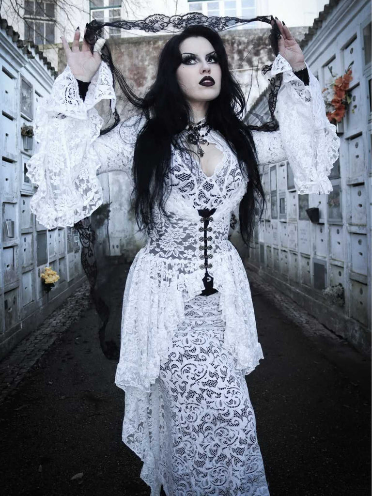 Weiß 1980er Gigot-Ärmel Viktorianisch Spitze Kleid